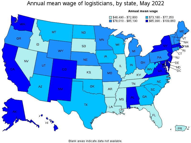 Map of annual mean wages of logisticians by state, May 2022