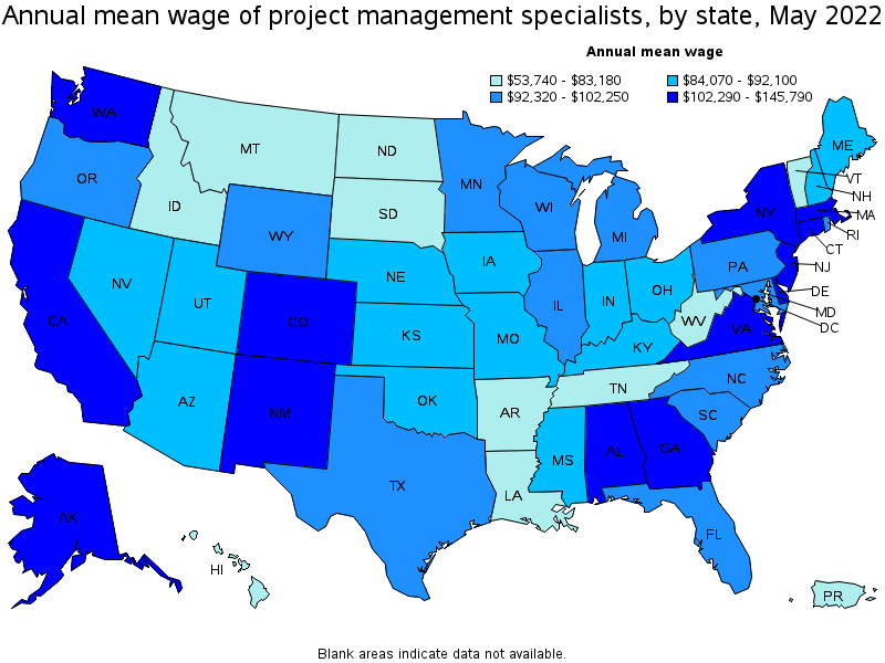 Map of annual mean wages of project management specialists by state, May 2022