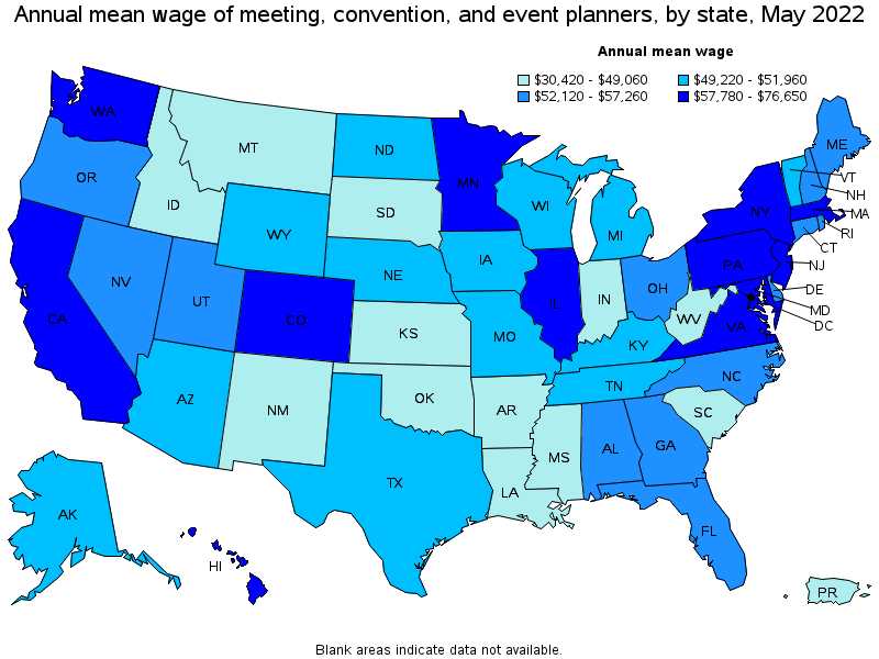 Map of annual mean wages of meeting, convention, and event planners by state, May 2022