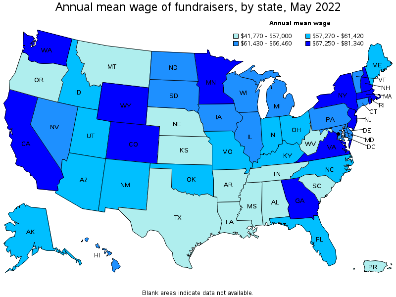 Map of annual mean wages of fundraisers by state, May 2022