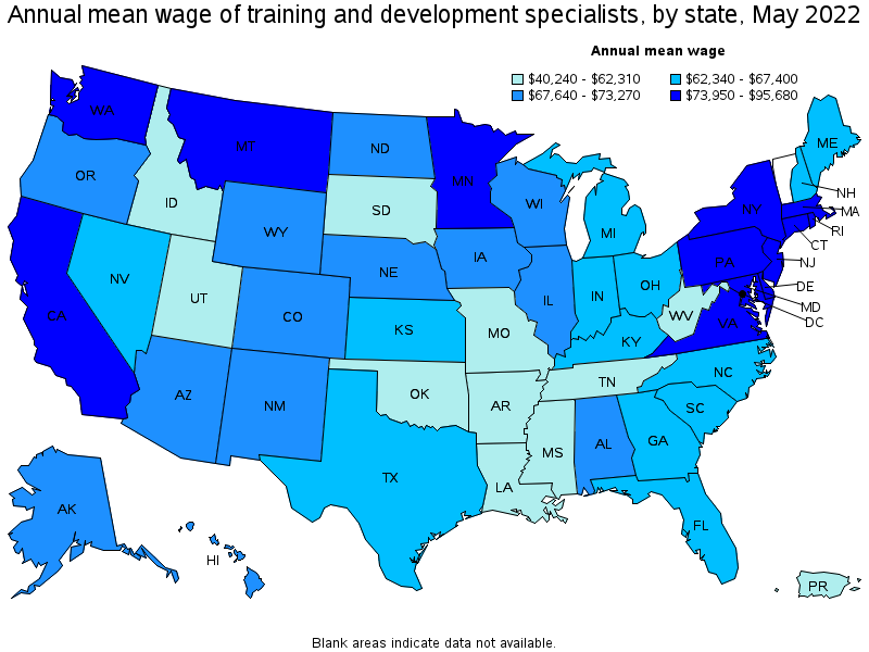 Map of annual mean wages of training and development specialists by state, May 2022