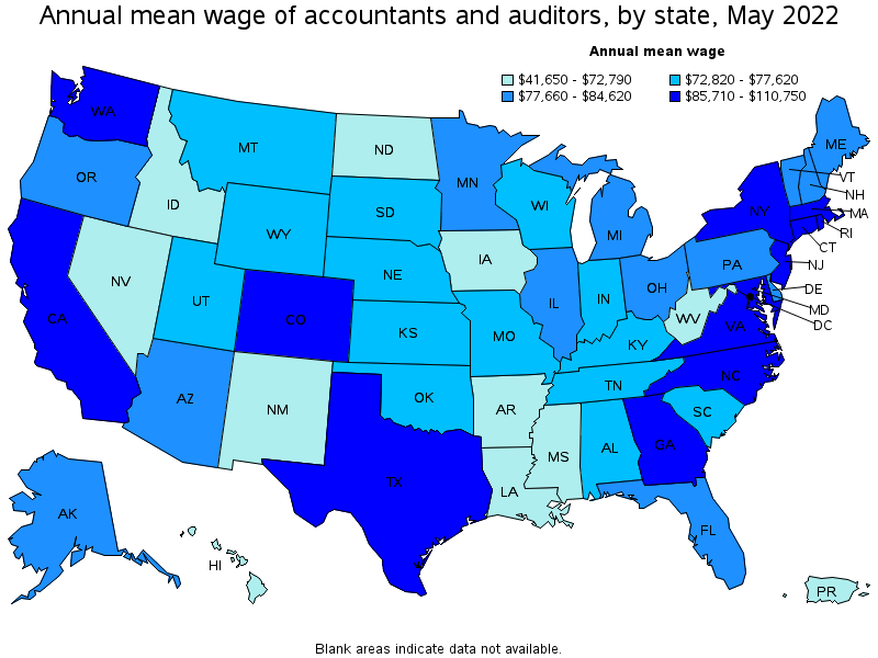 Map of annual mean wages of accountants and auditors by state, May 2022