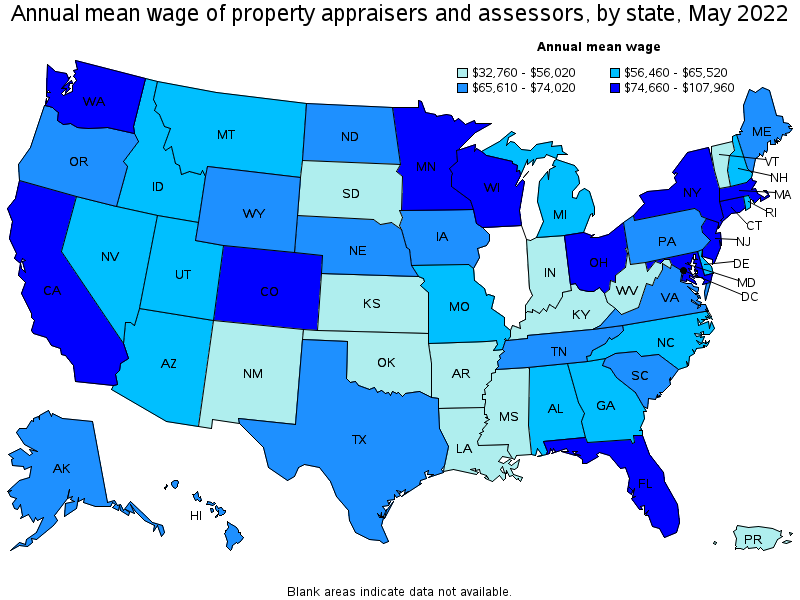 Map of annual mean wages of property appraisers and assessors by state, May 2022