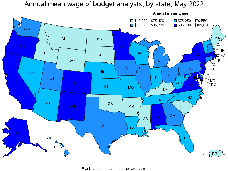 Map of annual mean wages of budget analysts by state, May 2022
