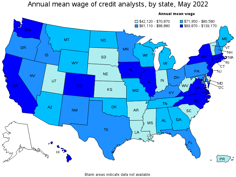 Map of annual mean wages of credit analysts by state, May 2022