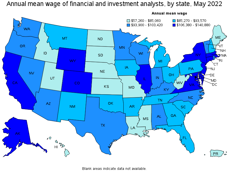 Map of annual mean wages of financial and investment analysts by state, May 2022