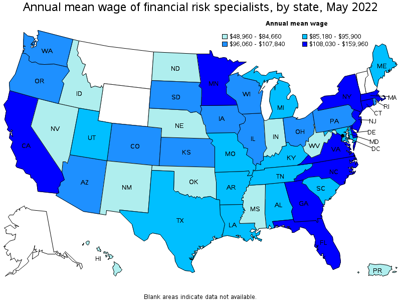 Map of annual mean wages of financial risk specialists by state, May 2022