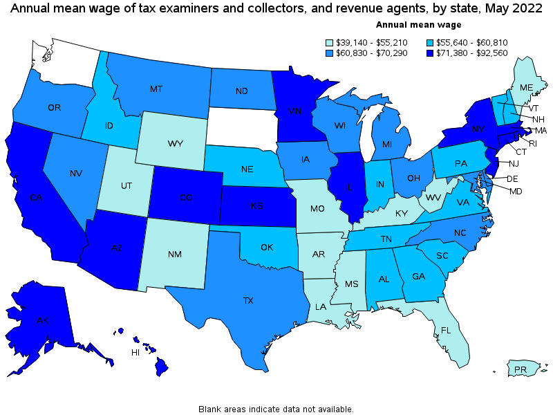 Map of annual mean wages of tax examiners and collectors, and revenue agents by state, May 2022
