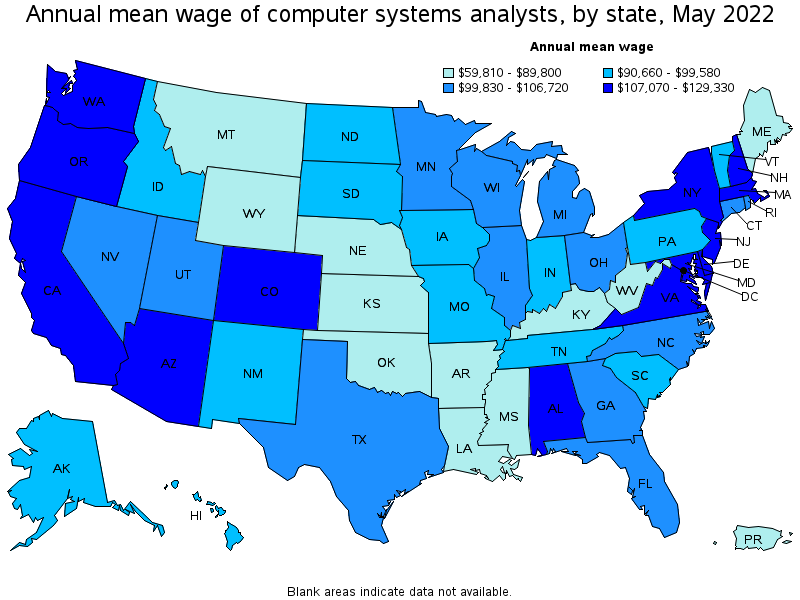 Map of annual mean wages of computer systems analysts by state, May 2022