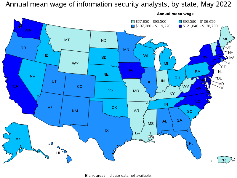 Map of annual mean wages of information security analysts by state, May 2022