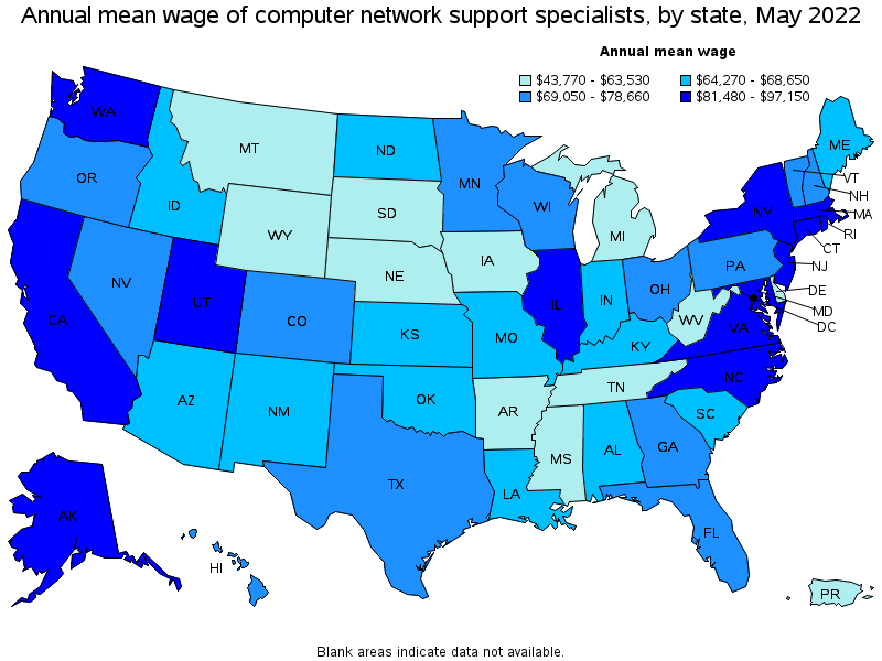 Map of annual mean wages of computer network support specialists by state, May 2022