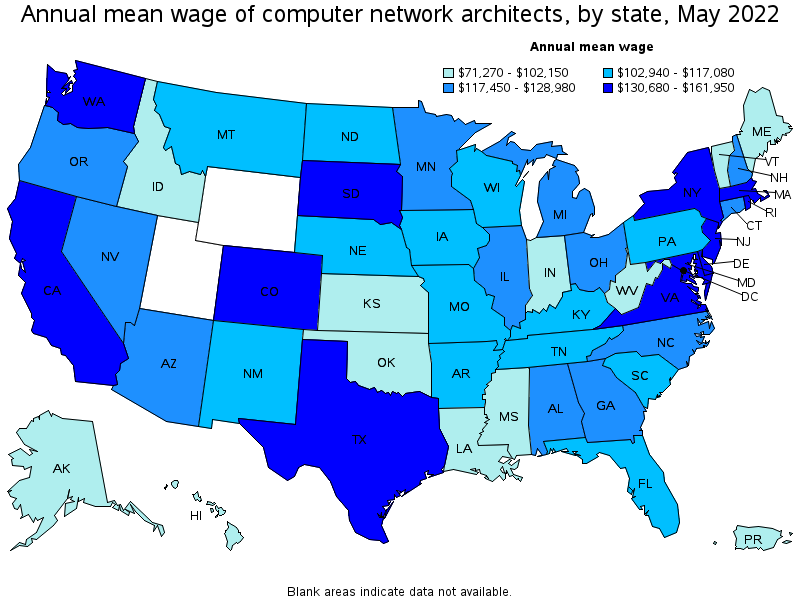 Map of annual mean wages of computer network architects by state, May 2022