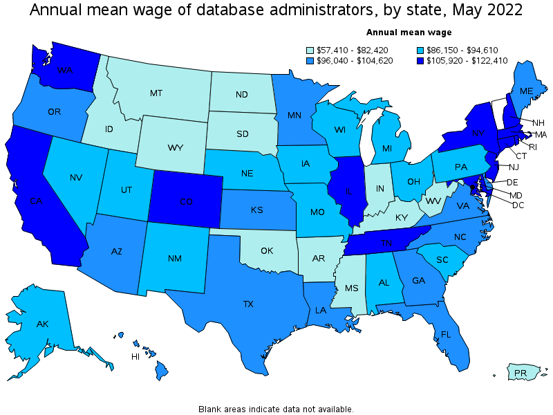 Map of annual mean wages of database administrators by state, May 2022