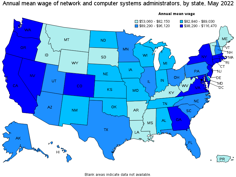 Map of annual mean wages of network and computer systems administrators by state, May 2022