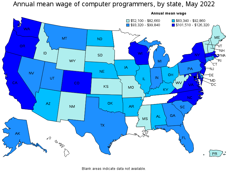 Map of annual mean wages of computer programmers by state, May 2022