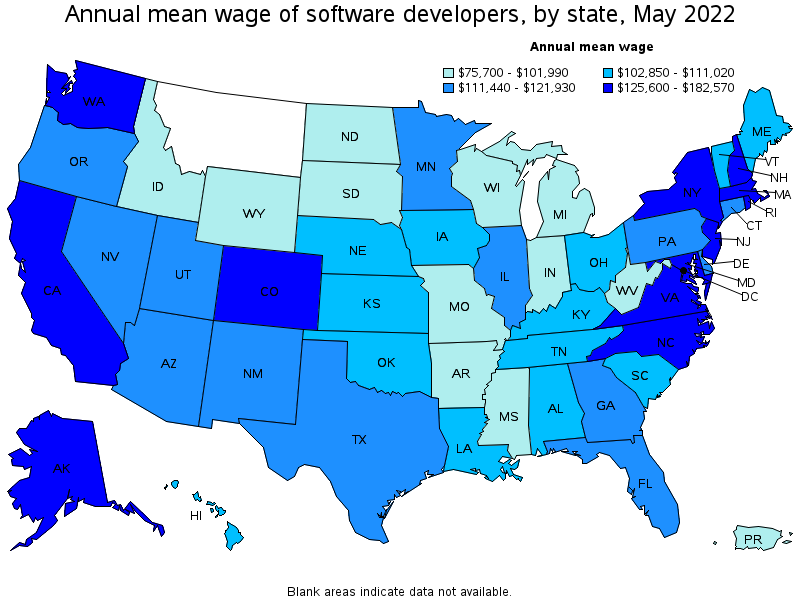 Map of annual mean wages of software developers by state, May 2022