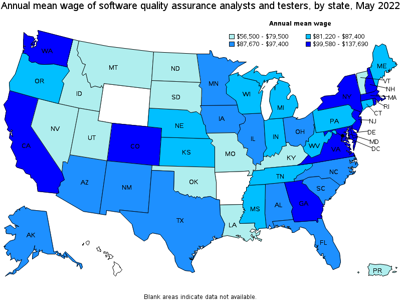 Map of annual mean wages of software quality assurance analysts and testers by state, May 2022