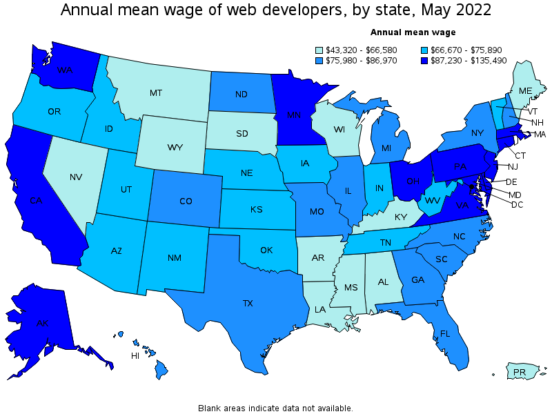 Map of annual mean wages of web developers by state, May 2022