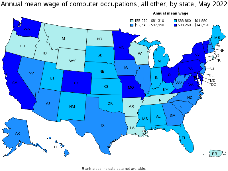 Map of annual mean wages of computer occupations, all other by state, May 2022