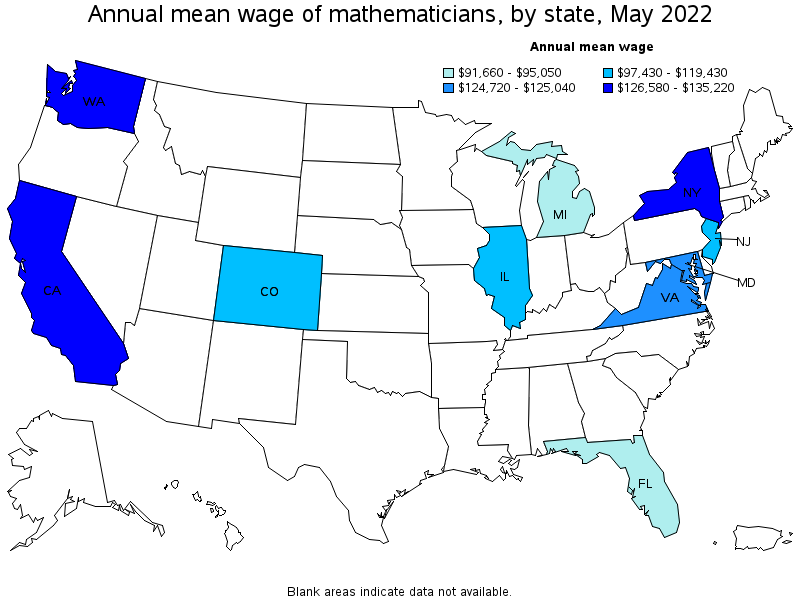 Map of annual mean wages of mathematicians by state, May 2022