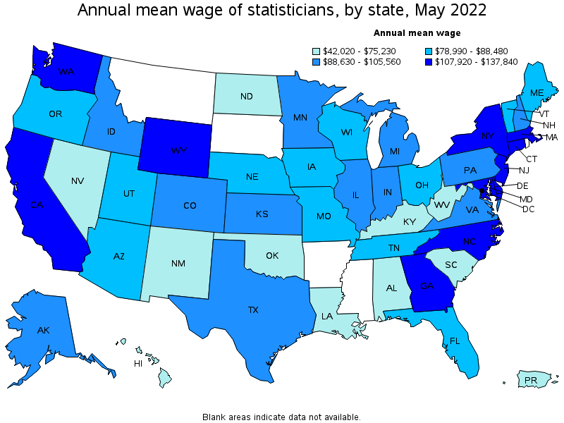 Map of annual mean wages of statisticians by state, May 2022