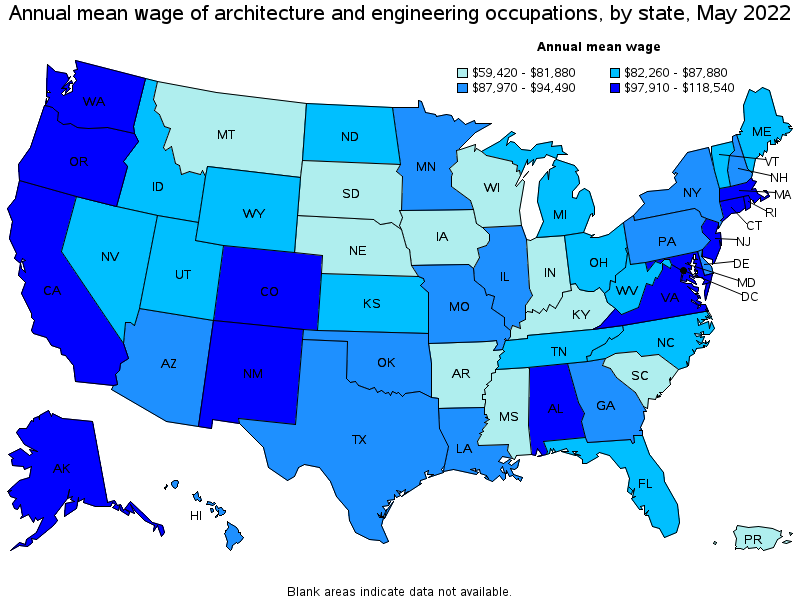 Map of annual mean wages of architecture and engineering occupations by state, May 2022