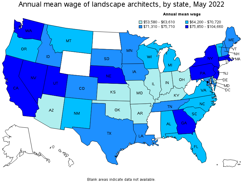 Map of annual mean wages of landscape architects by state, May 2022