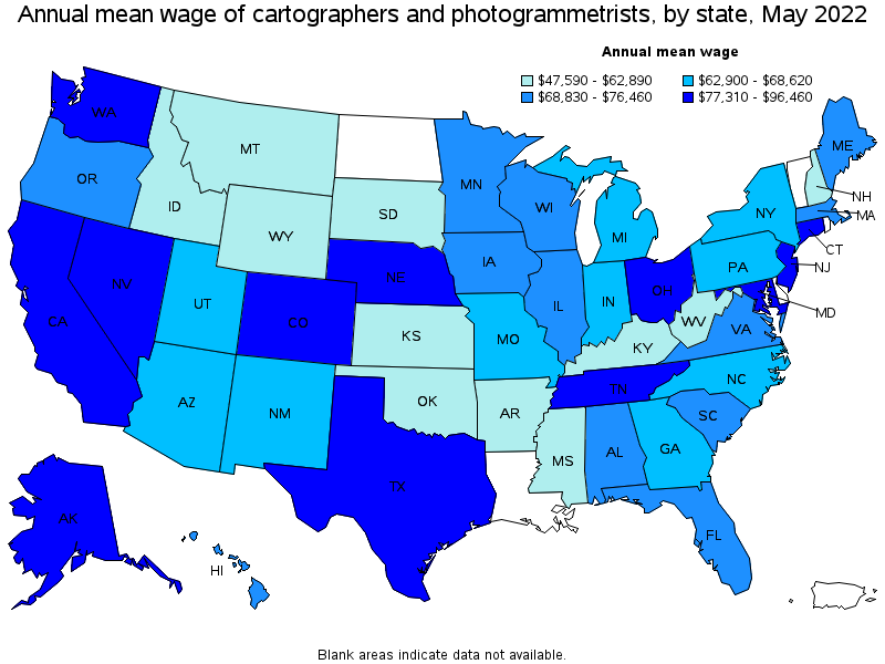 Map of annual mean wages of cartographers and photogrammetrists by state, May 2022