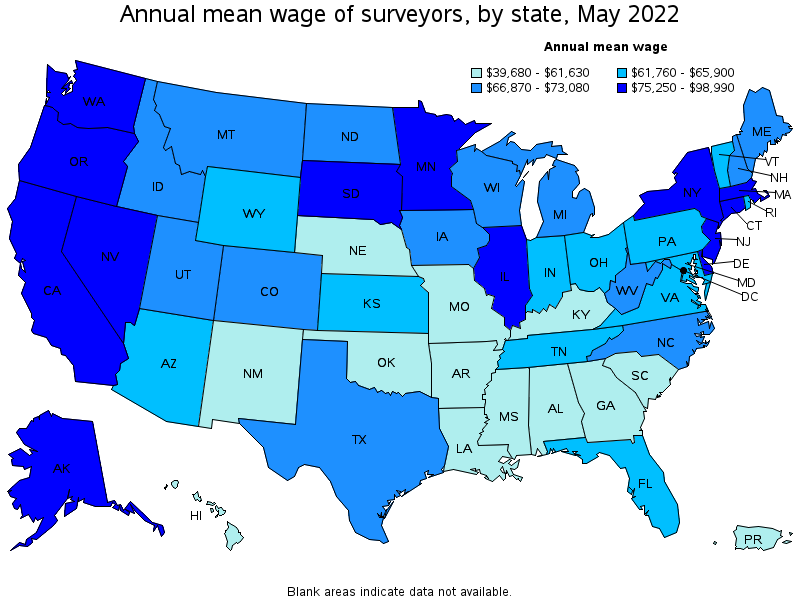 Map of annual mean wages of surveyors by state, May 2022