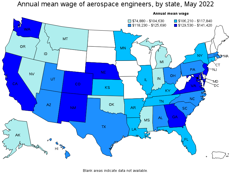 Map of annual mean wages of aerospace engineers by state, May 2022