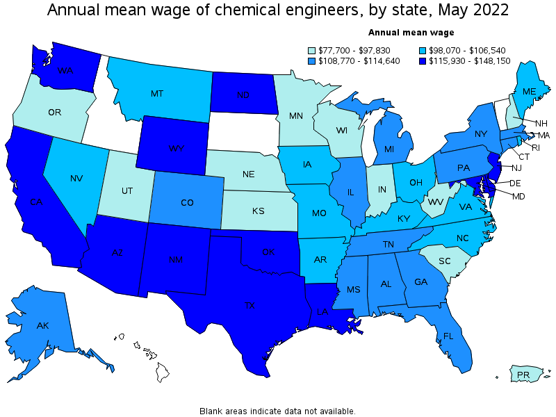 Map of annual mean wages of chemical engineers by state, May 2022