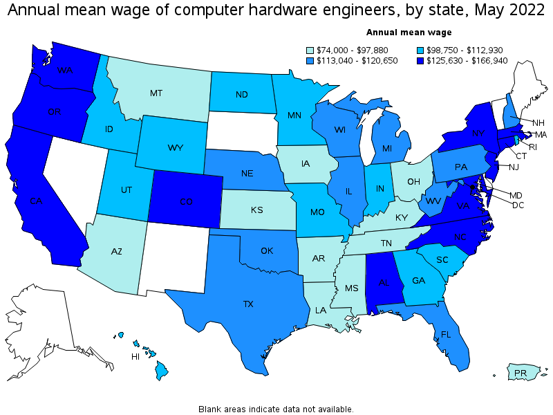 Map of annual mean wages of computer hardware engineers by state, May 2022
