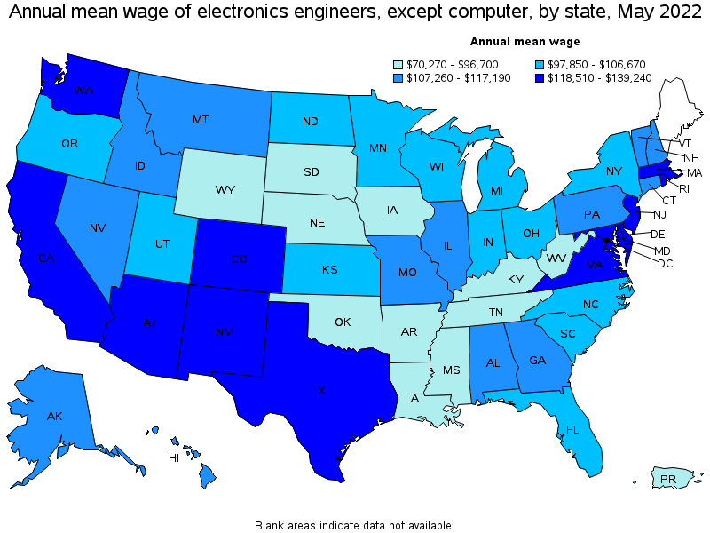 Map of annual mean wages of electronics engineers, except computer by state, May 2022