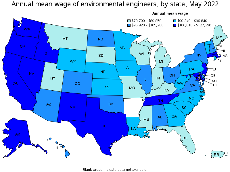 Map of annual mean wages of environmental engineers by state, May 2022