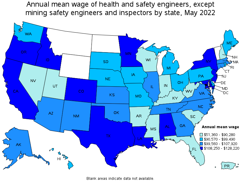 Map of annual mean wages of health and safety engineers, except mining safety engineers and inspectors by state, May 2022