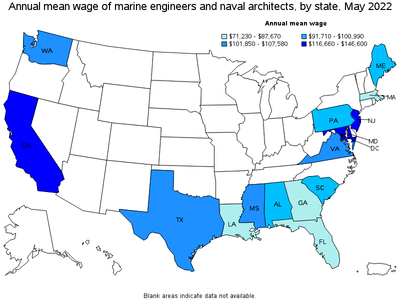 Map of annual mean wages of marine engineers and naval architects by state, May 2022