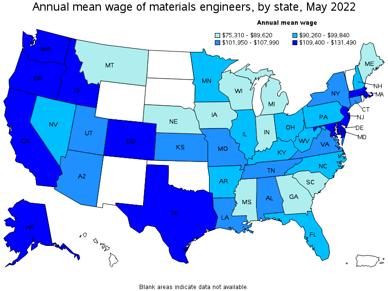 Map of annual mean wages of materials engineers by state, May 2022