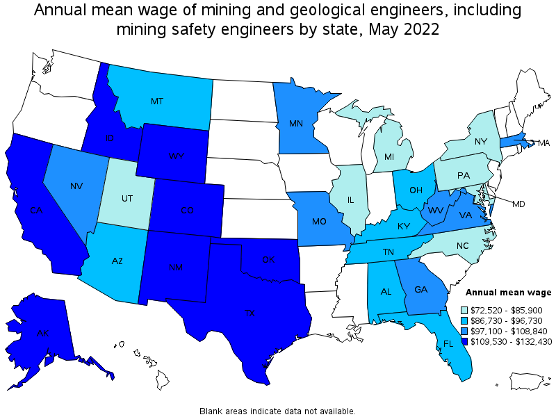 Map of annual mean wages of mining and geological engineers, including mining safety engineers by state, May 2022