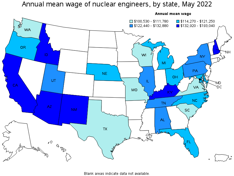 Map of annual mean wages of nuclear engineers by state, May 2022