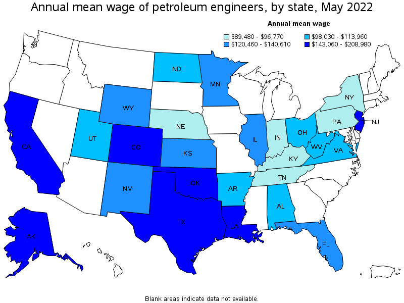 Map of annual mean wages of petroleum engineers by state, May 2022