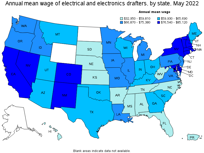 Map of annual mean wages of electrical and electronics drafters by state, May 2022