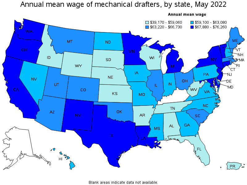Map of annual mean wages of mechanical drafters by state, May 2022