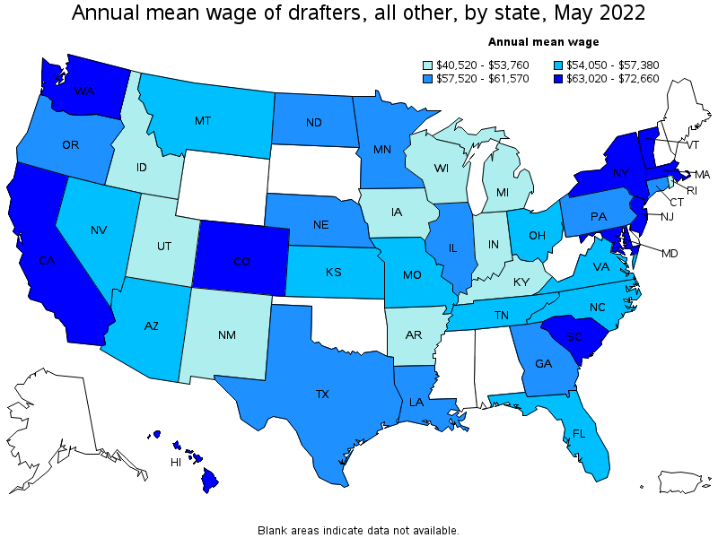 Map of annual mean wages of drafters, all other by state, May 2022