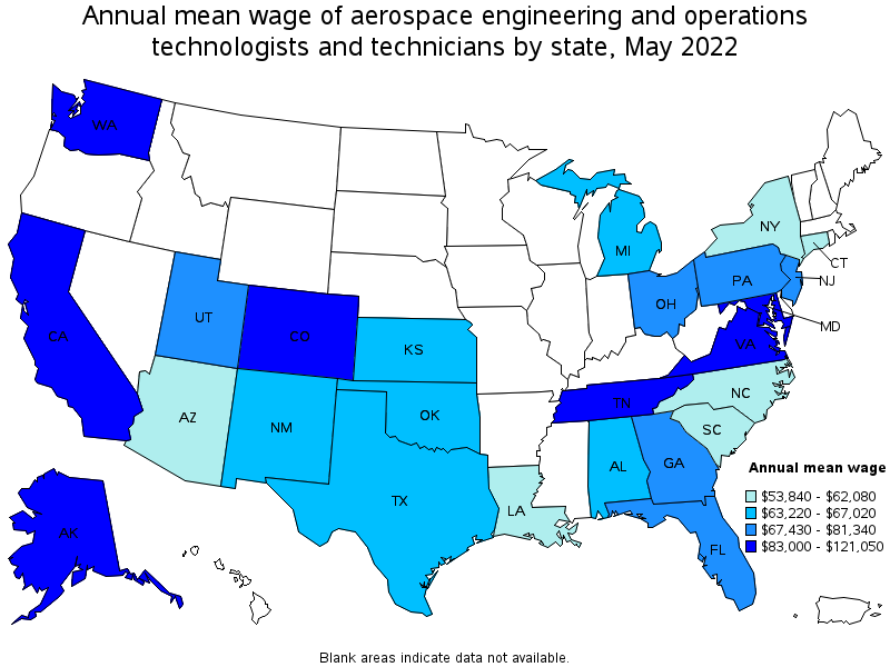 Map of annual mean wages of aerospace engineering and operations technologists and technicians by state, May 2022