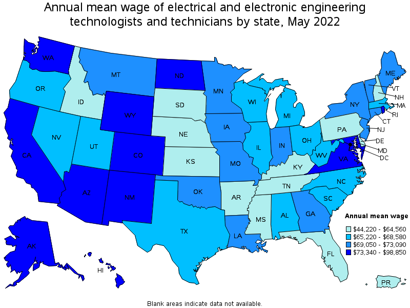 Map of annual mean wages of electrical and electronic engineering technologists and technicians by state, May 2022