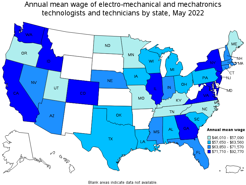 Map of annual mean wages of electro-mechanical and mechatronics technologists and technicians by state, May 2022