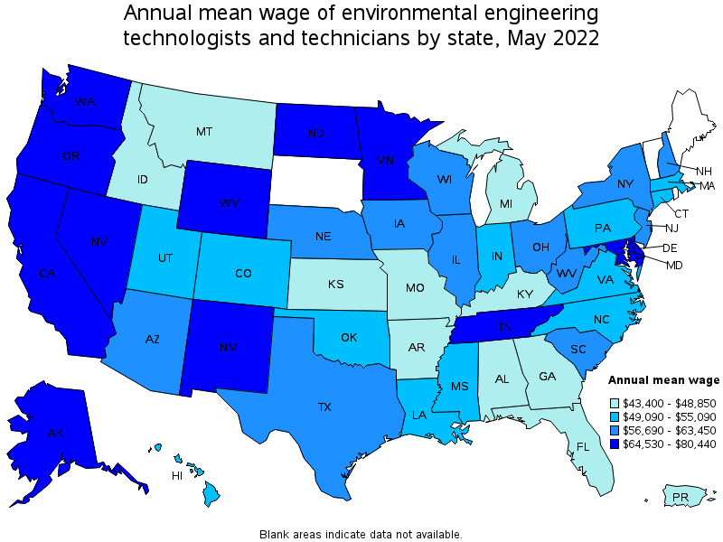 Map of annual mean wages of environmental engineering technologists and technicians by state, May 2022