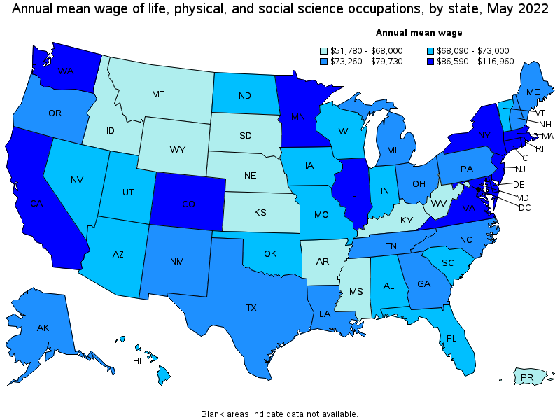Map of annual mean wages of life, physical, and social science occupations by state, May 2022