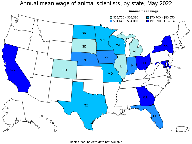 Map of annual mean wages of animal scientists by state, May 2022