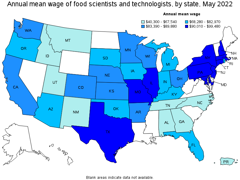 Map of annual mean wages of food scientists and technologists by state, May 2022